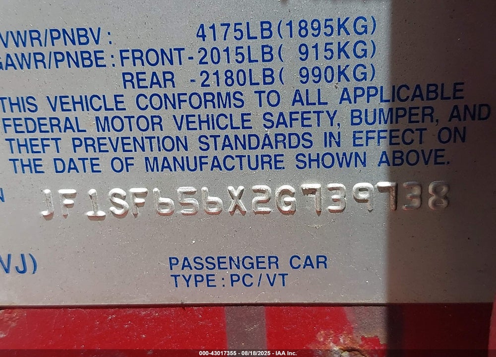 2002 SUBARU FORESTER S VIN: JF1SF656X2G739738