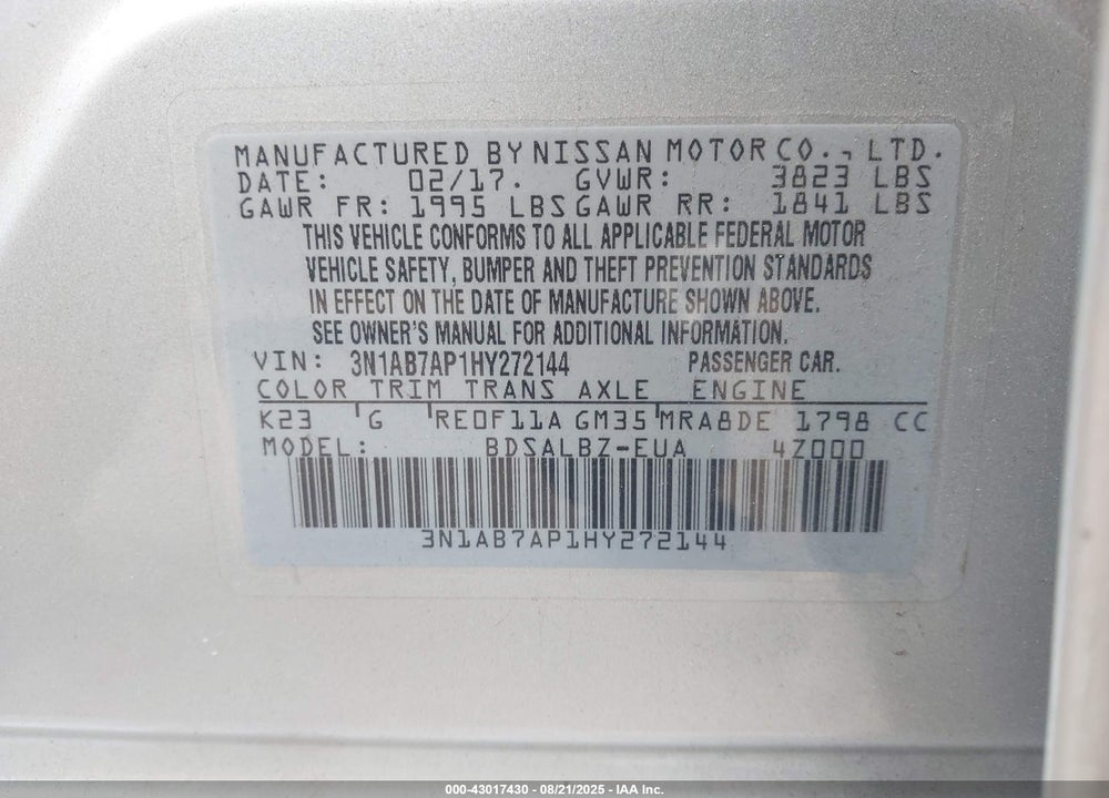 2017 NISSAN SENTRA VIN: 3N1AB7AP1HY272144