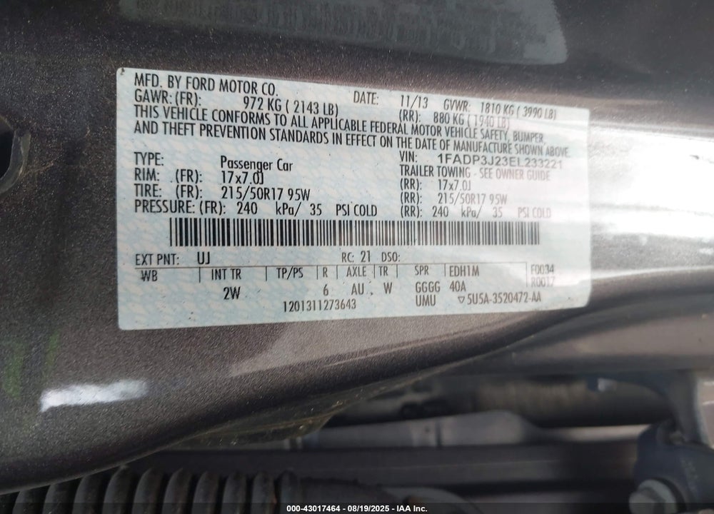 2014 FORD FOCUS VIN: 1FADP3J23EL233221