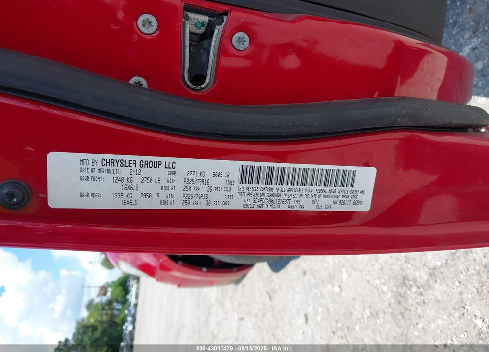 2012 DODGE JOURNEY VIN: 3C4PDCAB0CT276075