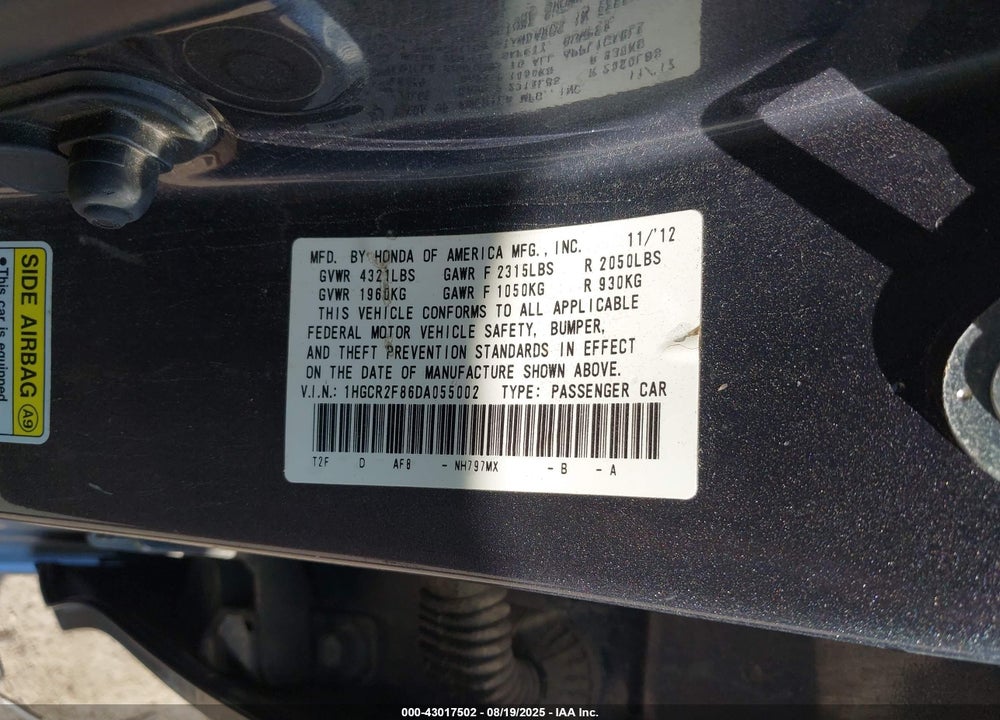 2013 HONDA ACCORD VIN: 1HGCR2F86DA055002