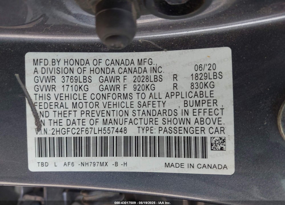 2020 HONDA CIVIC VIN: 2HGFC2F67LH557448