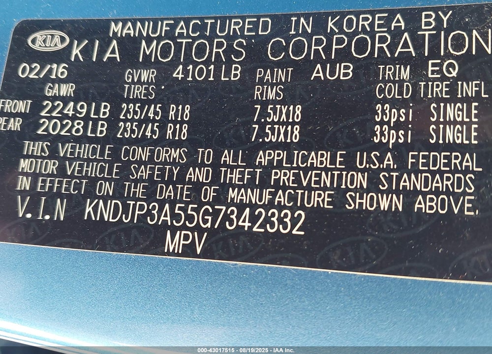 2016 KIA SOUL VIN: KNDJP3A55G7342332