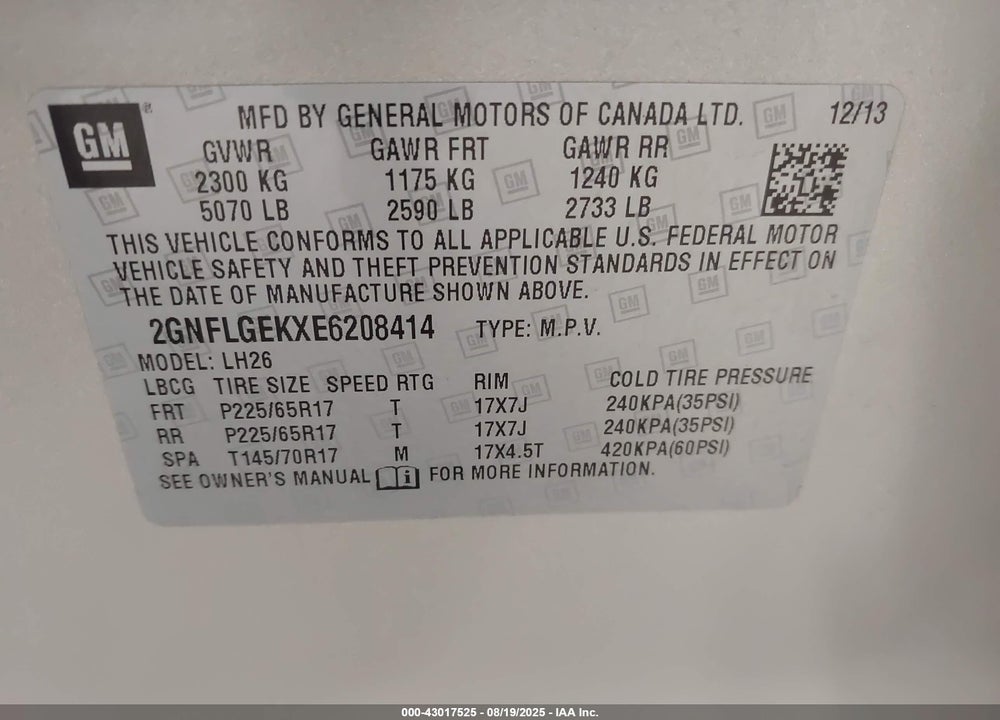 2014 CHEVROLET EQUINOX VIN: 2GNFLGEKXE6208414
