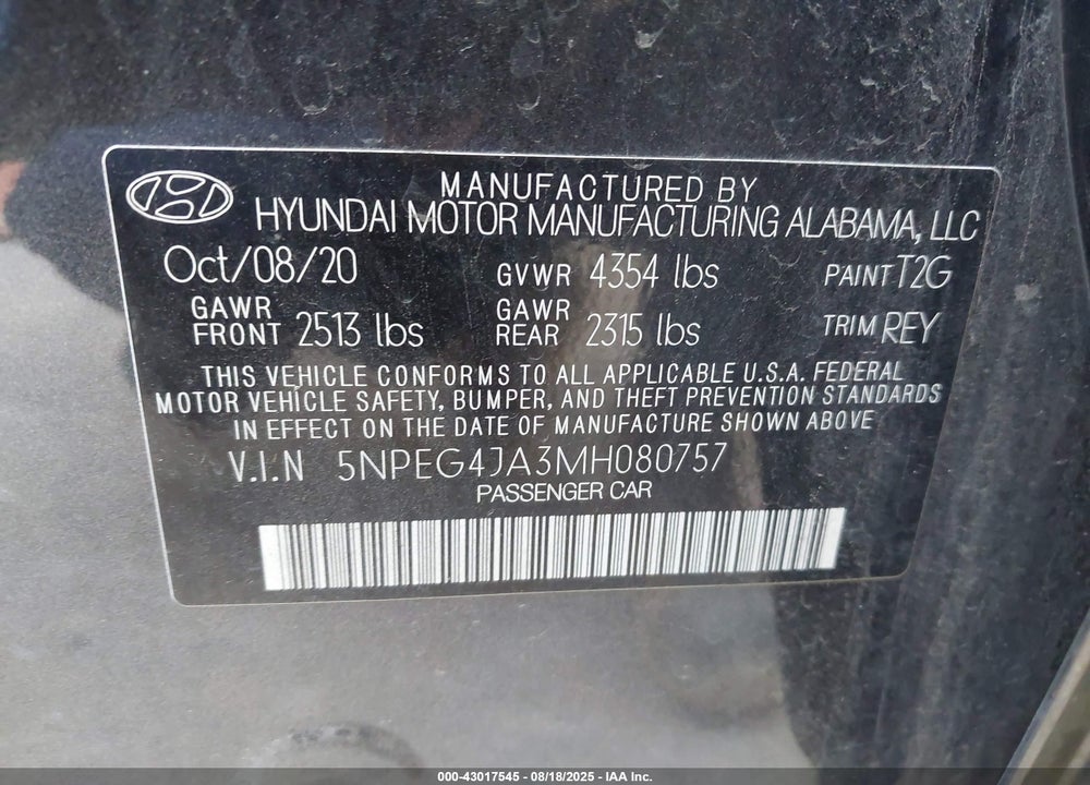 2021 HYUNDAI SONATA SE VIN: 5NPEG4JA3MH080757
