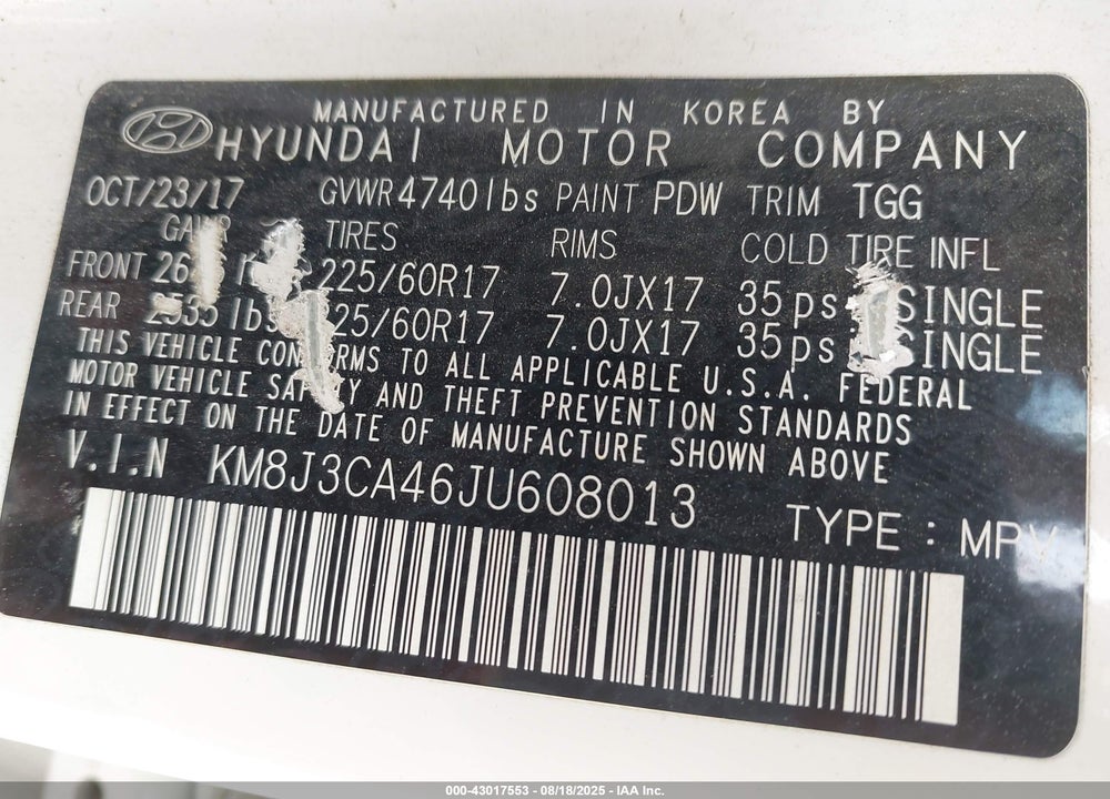 2018 HYUNDAI TUCSON VIN: KM8J3CA46JU608013