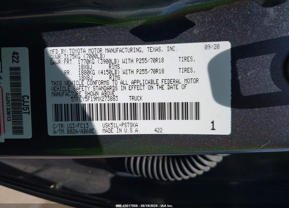 2021 TOYOTA TUNDRA SR5 VIN: 5TFEY5F19MX273883