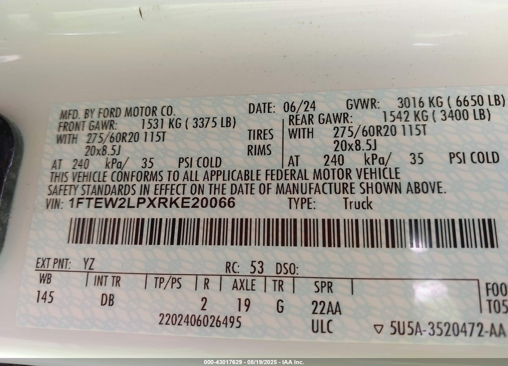 2024 FORD F-150 VIN: 1FTEW2LPXRKE20066
