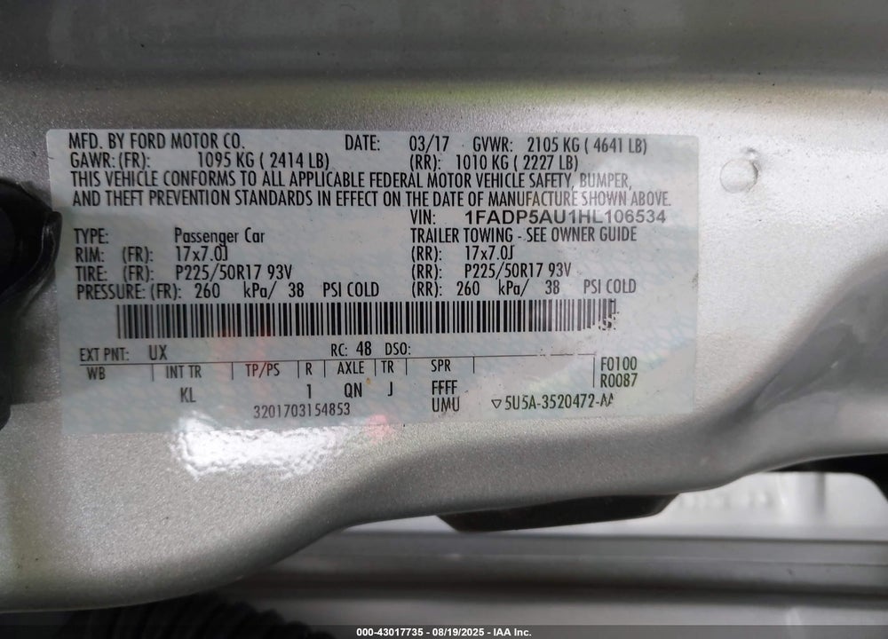 2017 FORD C-MAX HYBRID SE VIN: 1FADP5AU1HL106534