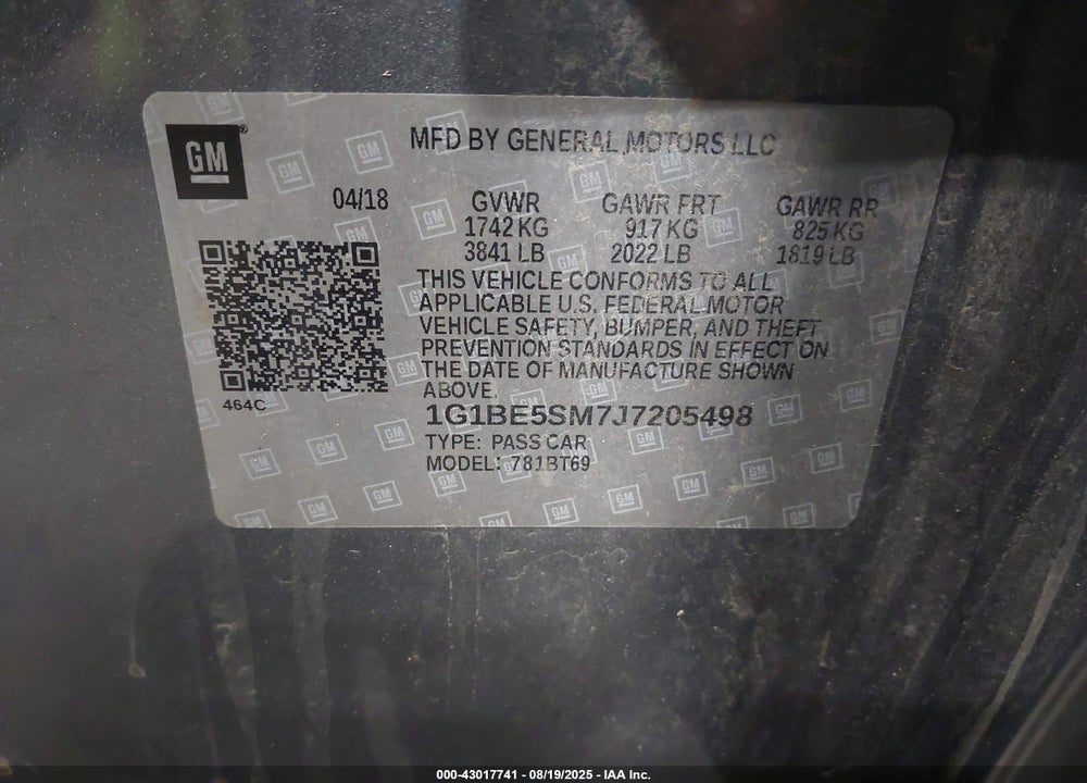 2018 CHEVROLET CRUZE LT AUTO VIN: 1G1BE5SM7J7205498