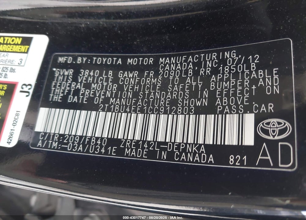 2012 TOYOTA COROLLA VIN: 2T1BU4EE1CC912803