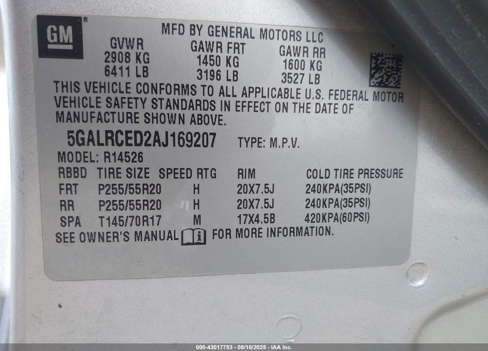 2010 BUICK ENCLAVE VIN: 5GALRCED2AJ169207