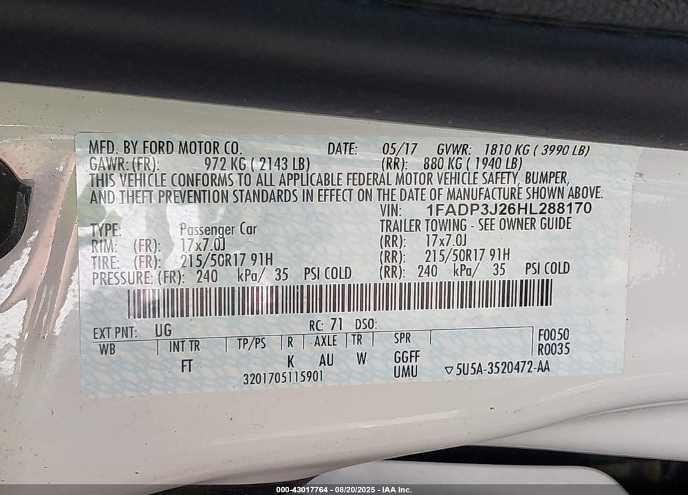 2017 FORD FOCUS VIN: 1FADP3J26HL288170