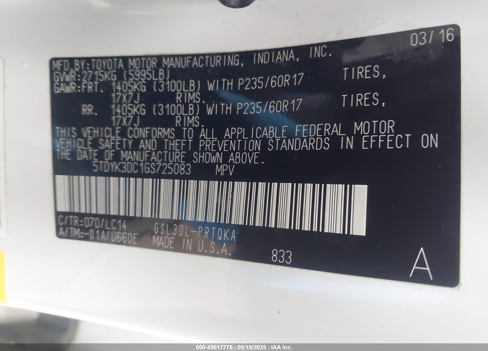 2016 TOYOTA SIENNA XLE PREMIUM 8 PASSENGER VIN: 5TDYK3DC1GS725083