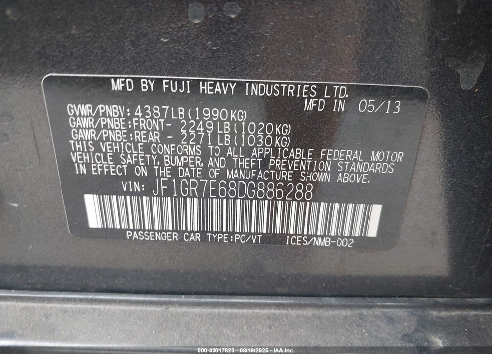 2013 SUBARU IMPREZA VIN: JF1GR7E68DG886288