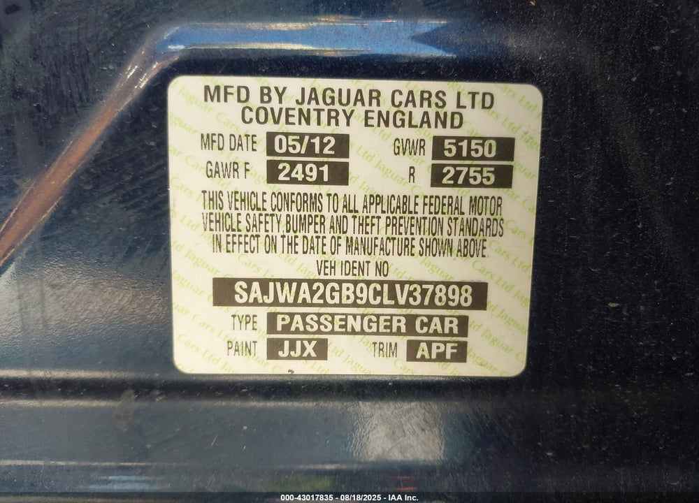2012 JAGUAR XJ SERIES VIN: SAJWA2GB9CLV37898