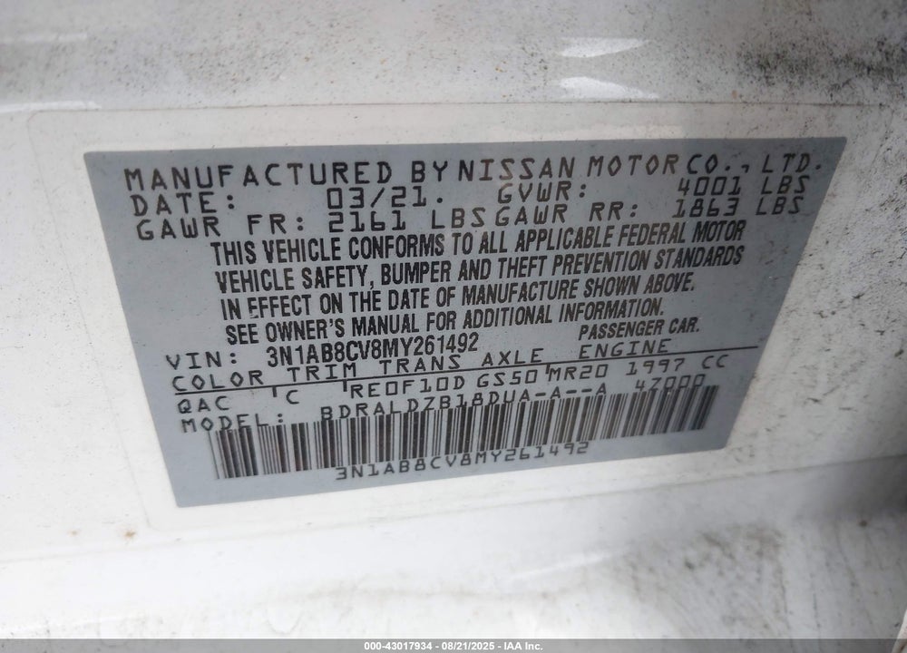 2021 NISSAN SENTRA SV XTRONIC CVT VIN: 3N1AB8CV8MY261492