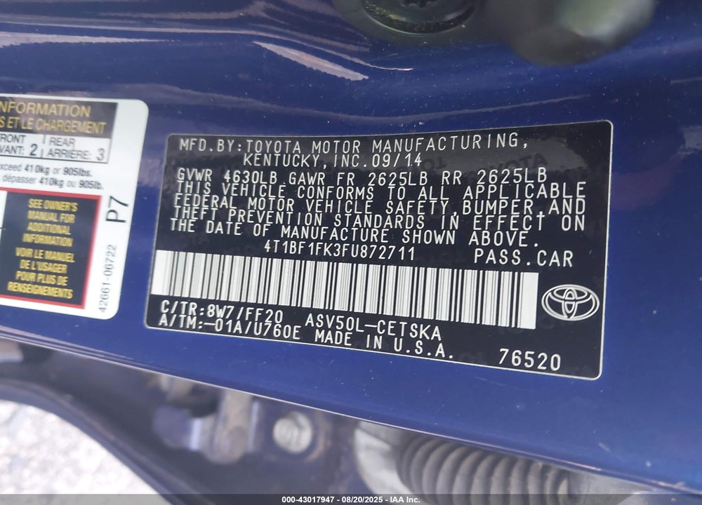 2015 TOYOTA CAMRY SE VIN: 4T1BF1FK3FU872711