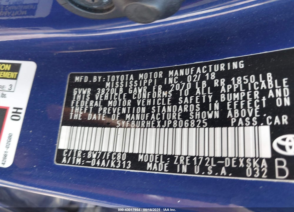 2018 TOYOTA COROLLA VIN: 5YFBURHEXJP806825