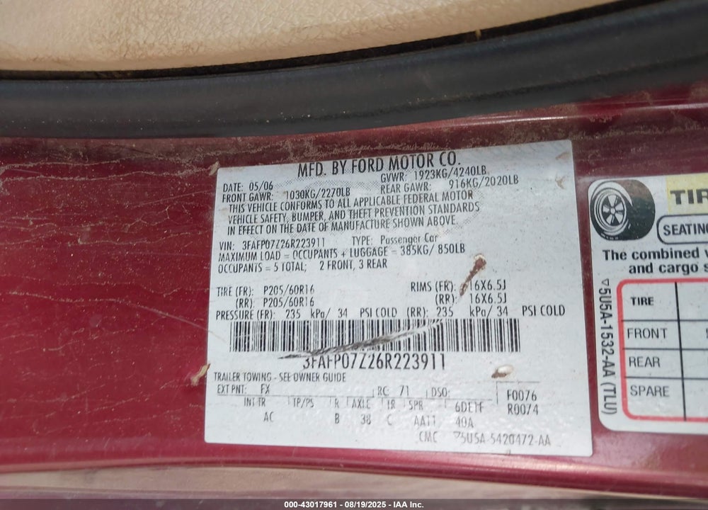 2006 FORD FUSION VIN: 3FAFP07Z26R223911