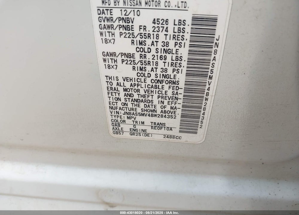 2011 NISSAN ROGUE SV VIN: JN8AS5MV4BW284352