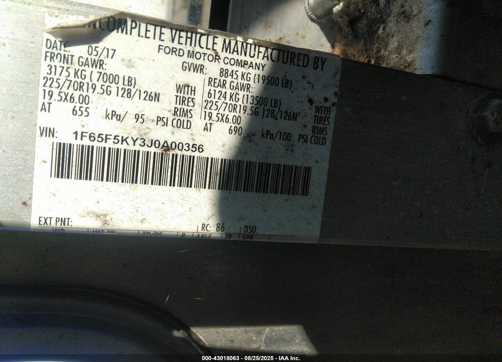 2018 FORD F-59 COMMERCIAL STRIPPED VIN: 1F65F5KY3J0A00356