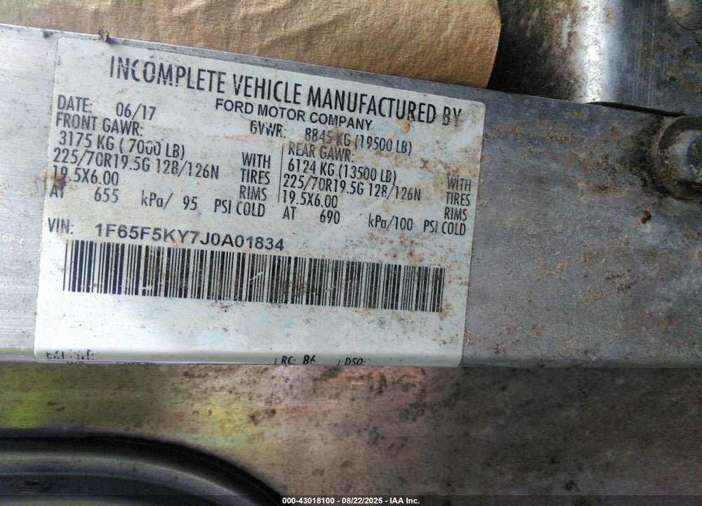 2018 FORD F-59 COMMERCIAL STRIPPED VIN: 1F65F5KY7J0A01834