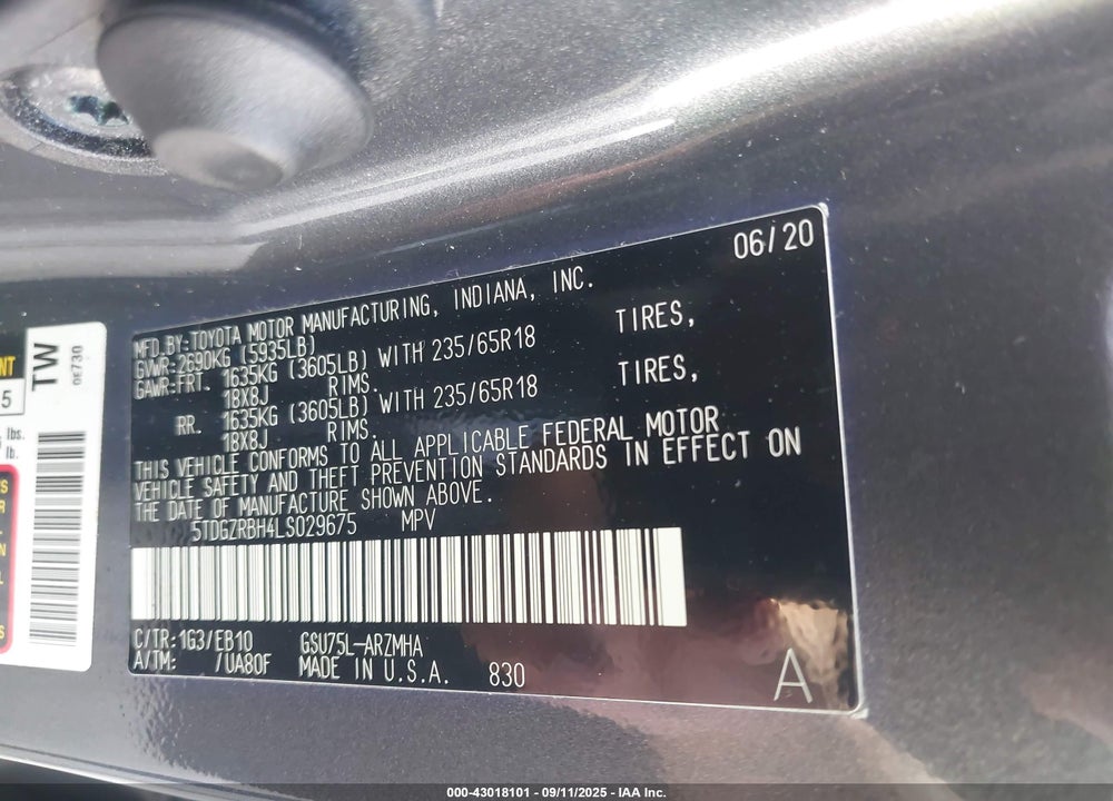 2020 TOYOTA HIGHLANDER VIN: 5TDGZRBH4LS029675