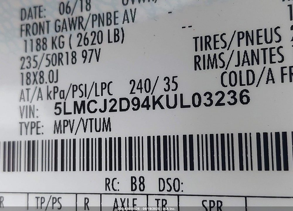 2019 LINCOLN MKC VIN: 5LMCJ2D94KUL03236