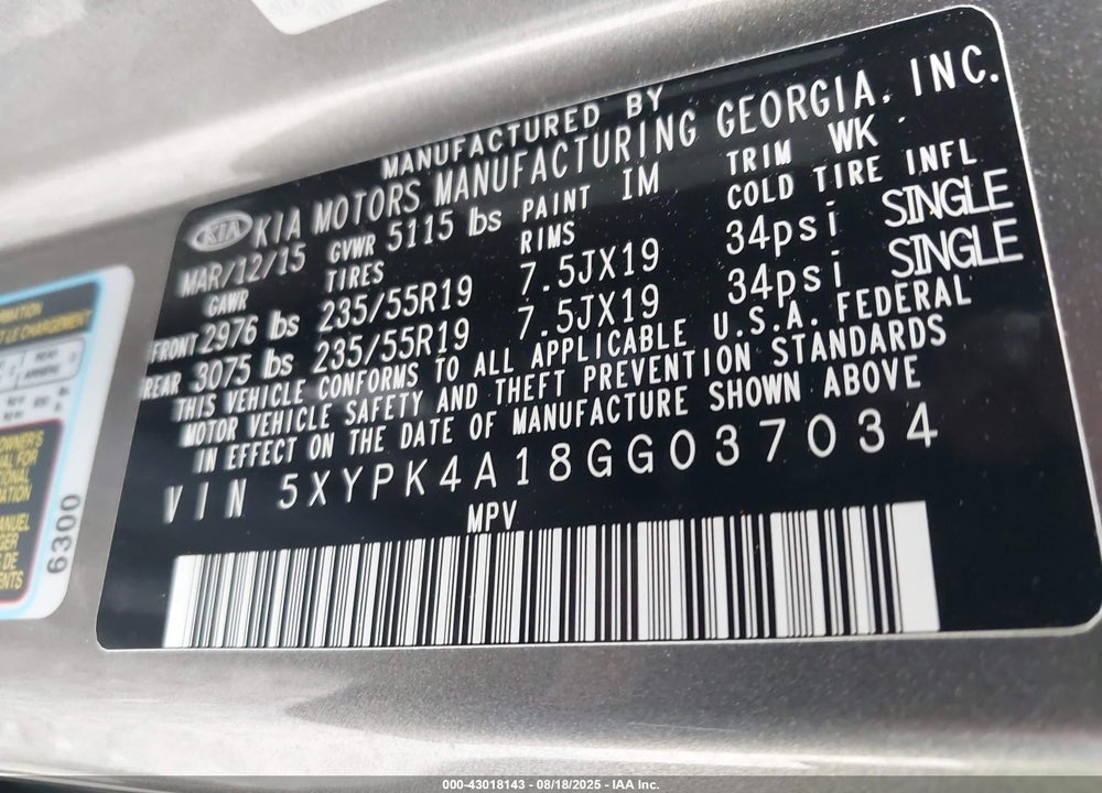 2016 KIA SORENTO 2.0T SXL VIN: 5XYPK4A18GG037034