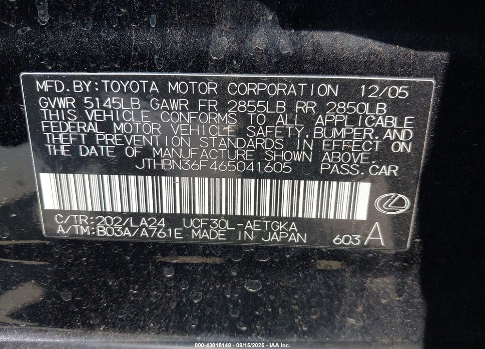2006 LEXUS LS 430 VIN: JTHBN36F465041605