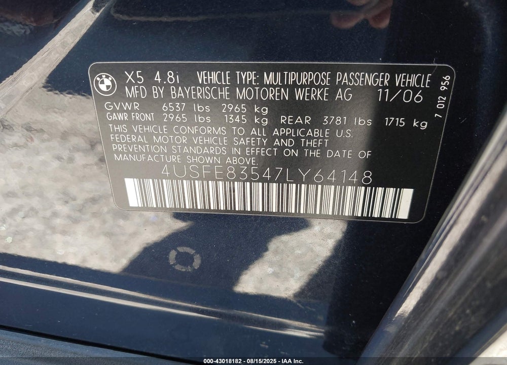 2007 BMW X5 4.8I VIN: 4USFE83547LY64148