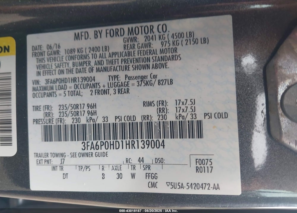 2017 FORD FUSION VIN: 3FA6P0HD1HR139004