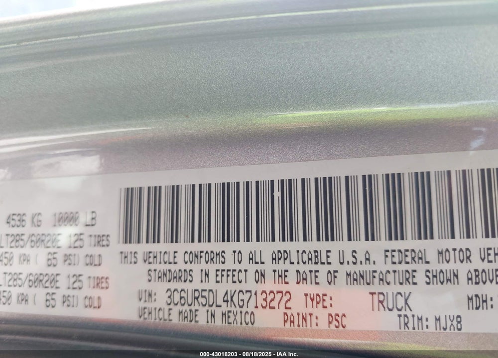 2019 RAM 2500 VIN: 3C6UR5DL4KG713272