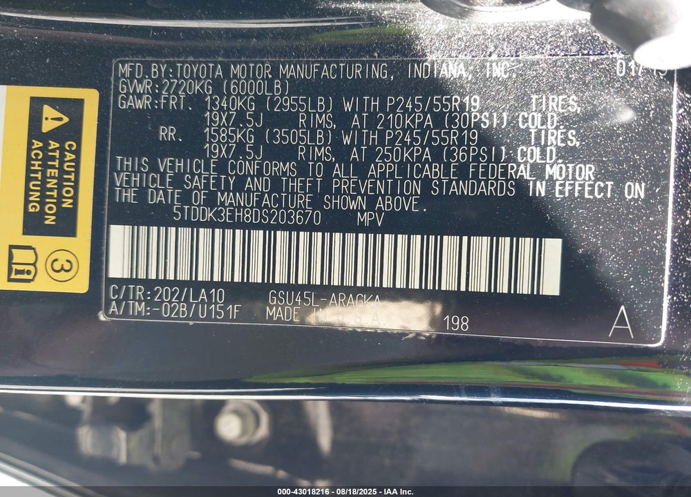 2013 TOYOTA HIGHLANDER VIN: 5TDDK3EH8DS203670
