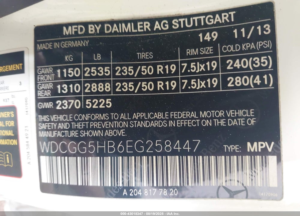 2014 MERCEDES-BENZ GLK 350 VIN: WDCGG5HB6EG258447