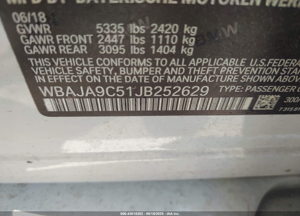 2018 BMW 5 SERIES VIN: WBAJA9C51JB252629