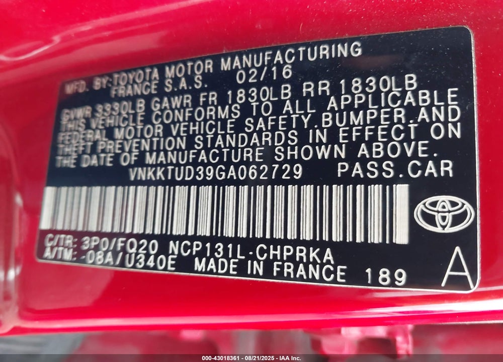 2016 TOYOTA YARIS VIN: VNKKTUD39GA062729