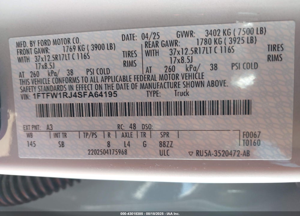 2025 FORD F-150 RAPTOR VIN: 1FTFW1RJ4SFA64195