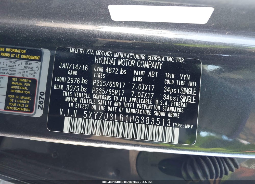 2017 HYUNDAI SANTA FE VIN: 5XYZU3LB1HG383513
