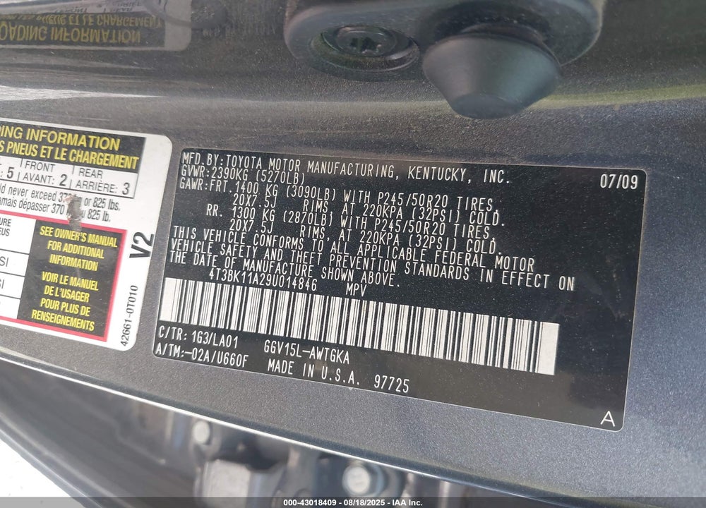 2009 TOYOTA VENZA VIN: 4T3BK11A29U014846