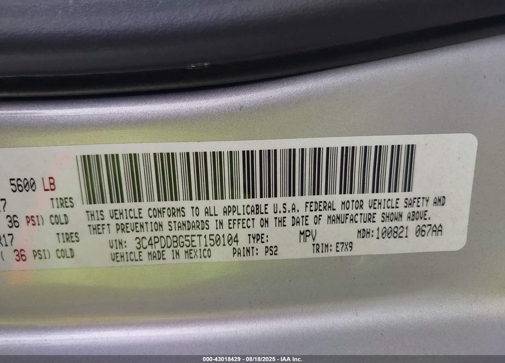 2014 DODGE JOURNEY SXT VIN: 3C4PDDBG5ET150104
