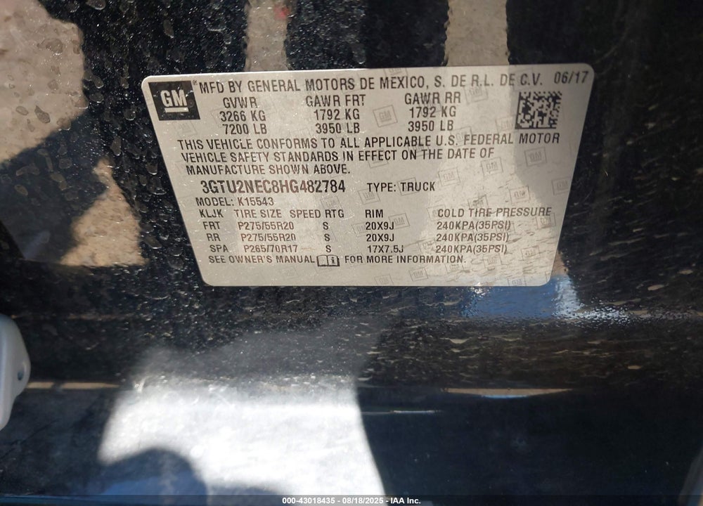 2017 GMC SIERRA 1500 VIN: 3GTU2NEC8HG482784