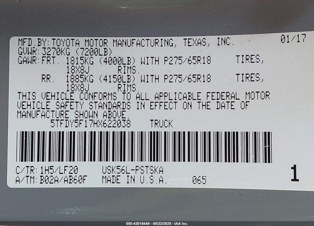 2017 TOYOTA TUNDRA TRD PRO 5.7L V8 VIN: 5TFDY5F17HX622038