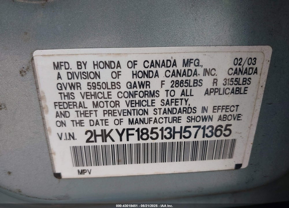 2003 HONDA PILOT EX-L VIN: 2HKYF18513H571365