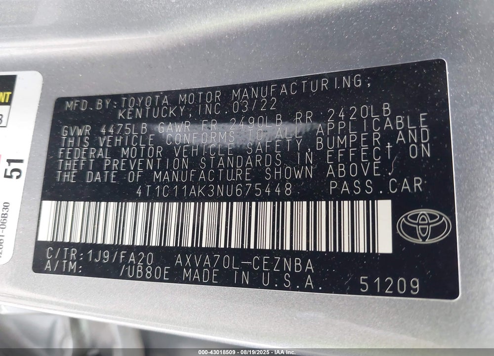2022 TOYOTA CAMRY VIN: 4T1C11AK3NU675448
