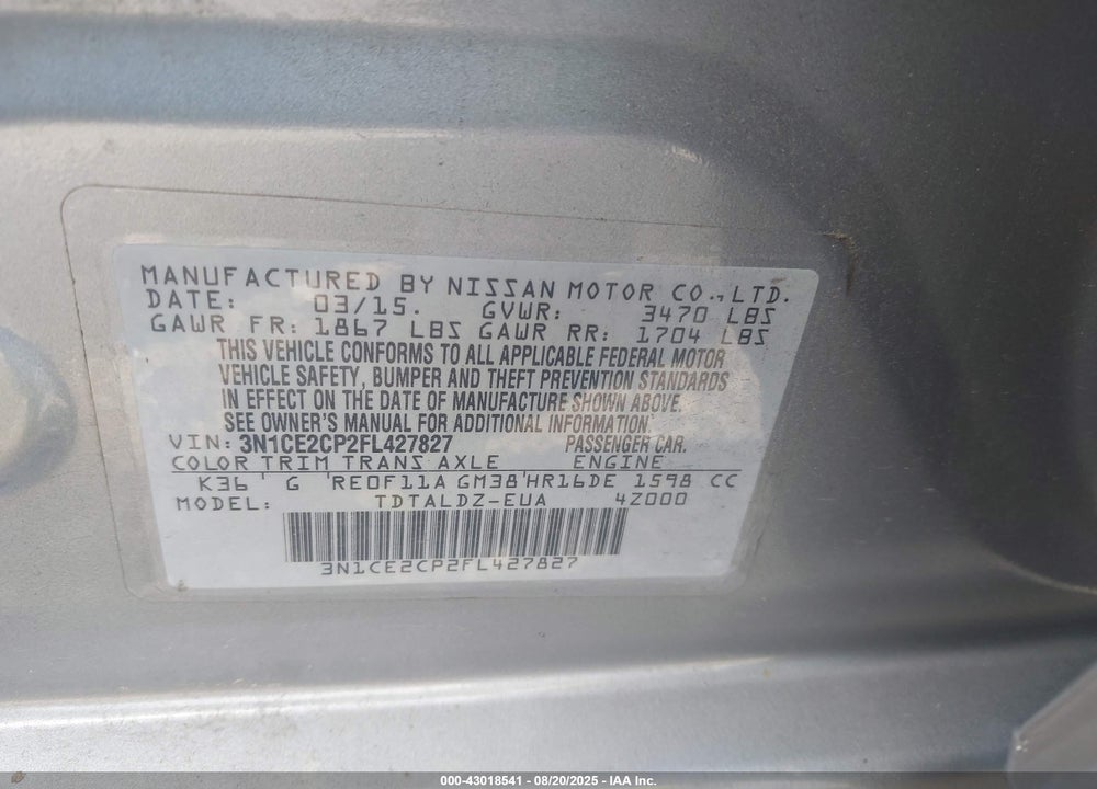 2015 NISSAN VERSA NOTE VIN: 3N1CE2CP2FL427827
