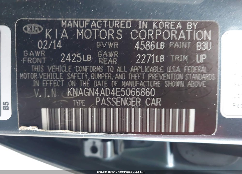 2014 KIA OPTIMA HYBRID VIN: KNAGN4AD4E5066860