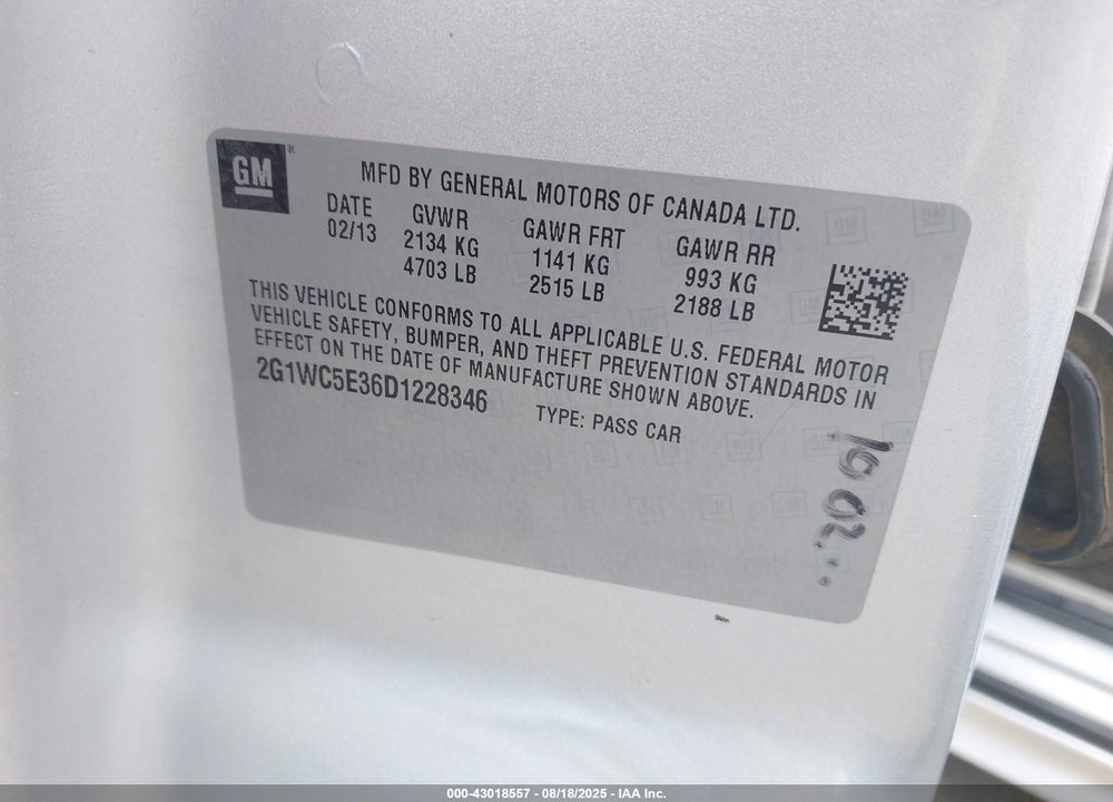 2013 CHEVROLET IMPALA VIN: 2G1WC5E36D1228346
