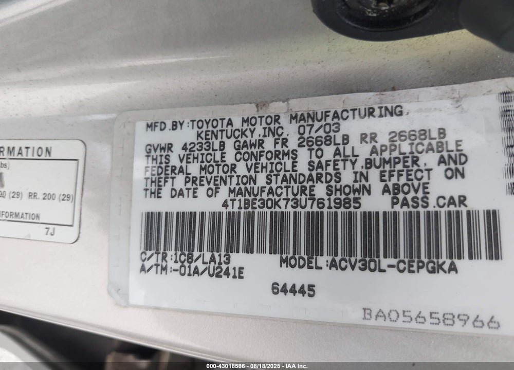 2003 TOYOTA CAMRY XLE VIN: 4T1BE30K73U761985